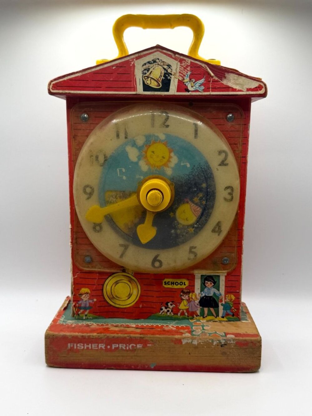Vintage 1968 Fisher Price Music Box Teaching Clock 998 Wooden Schoolhouse Toy